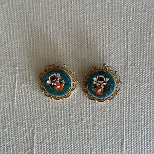 Micro-mosaic  Gold and Teal Blue Floral clip Earrings